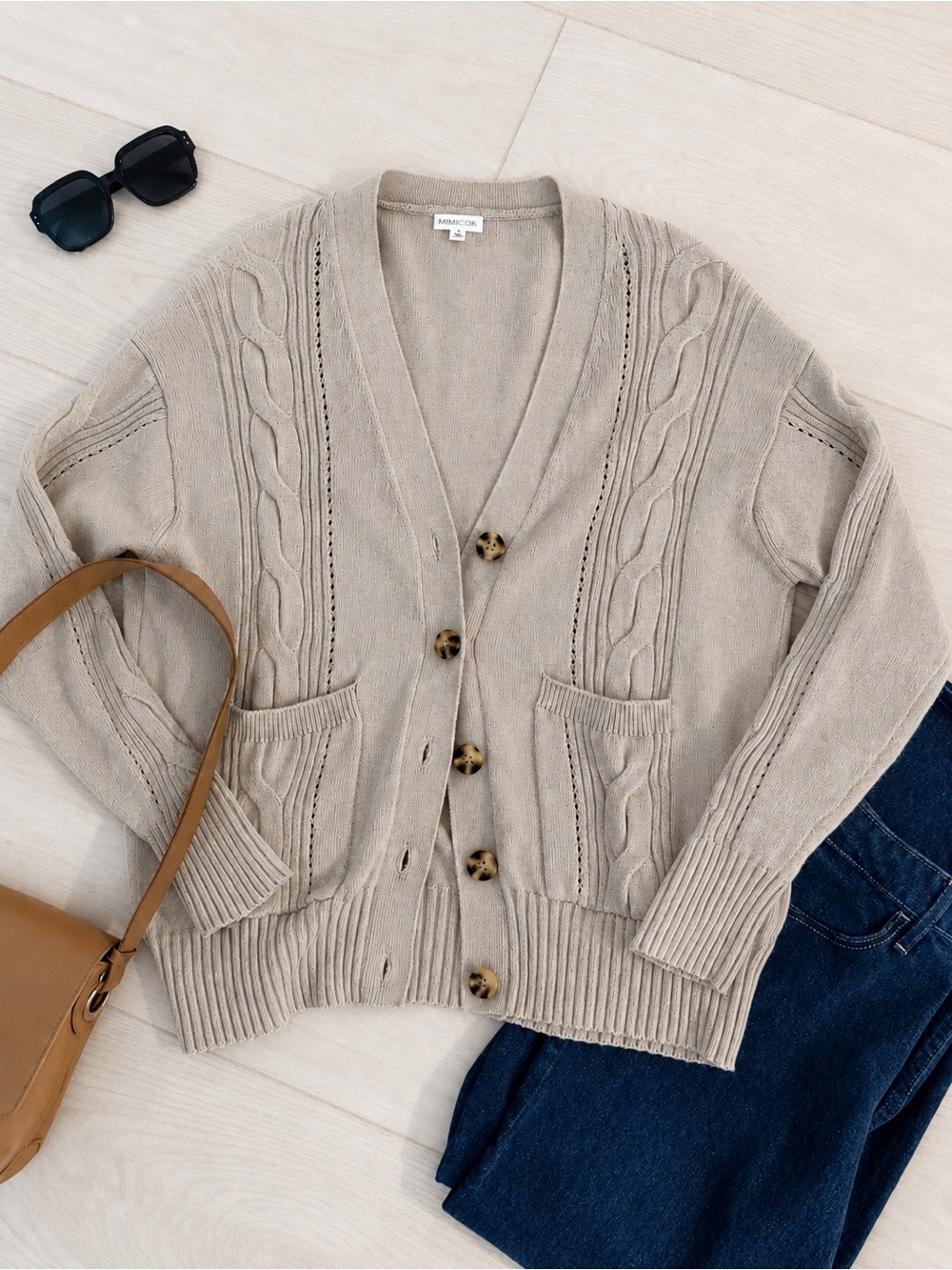Minnie Rose Cable Knit Cotton Cashmere Cardigan Light Oatmeal Beige O/S